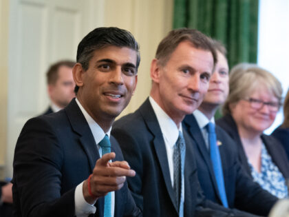 LONDON, ENGLAND - OCTOBER 26: Prime Minister Rishi Sunak (L), alongside the Chancellor of the Exchequer, Jeremy Hunt, (centre right) holds his first Cabinet meeting on October 26, 2022 in London, England. Rishi Sunak's newly formed cabinet featured ministers from both his predecessors' governments. (Photo by Stefan Rousseau - WPA …