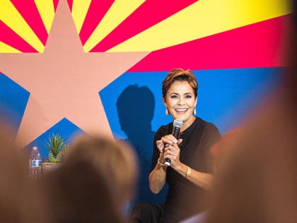 Republican candidate for Governor of Arizona Kari Lake answers questions written in advance during her Ask Me Anything Tour in Scottsdale, Arizona, on October 25, 2022. (Photo by OLIVIER TOURON / AFP) (Photo by OLIVIER TOURON/AFP via Getty Images)