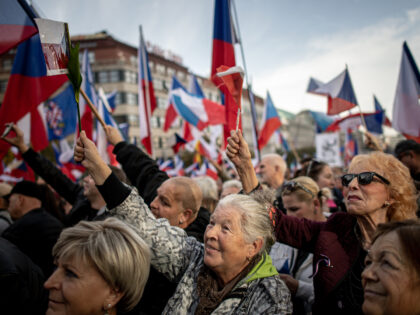 PRAGUE, CZECH REPUBLIC - OCTOBER 28: Demonstrators gather in the Wenceslas Square to stage