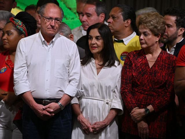 Elected vice president for the leftist Workers Party (PT) Geraldo Alckmin (L) and former President (2011-2016) Dilma Rousseff (R) attend the victory speech of elected president Luiz Inacio Lula da Silva in Sao Paulo, Brazil, on October 30, 2022. - Brazil's veteran leftist Luiz Inacio Lula da Silva was elected president Sunday by a hair's breadth, beating his far-right rival in a down-to-the-wire poll that split the country in two, election officials said. (Photo by NELSON ALMEIDA / AFP) (Photo by NELSON ALMEIDA/AFP via Getty Images)