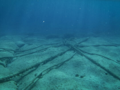 Underwater cables on the ocean floor in the Mediterranean Sea.