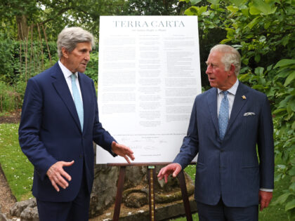 LONDON, ENGLAND - JUNE 10: Secretary John Kerry and Prince Charles, Prince of Wales talk in front of the Terra Carta at St James Palace on June 10, 2021 in London, England. Today Prince Charles, Prince of Wales announces the Terra Carta Transition Coalitions, An organized, global collective working together …