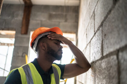 Worried construction worker analyzing construction site