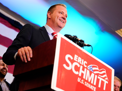 State Attorney General Eric Schmitt speaks at an election-night gathering after winning the Republican primary for U.S. Senate at the Sheraton in Westport Plaza on August 02, 2022 in St Louis, Missouri. Schmitt defeated former Gov. Eric Greitens and U.S. Rep. Vicky Hartzler for the Republican nomination to replace Republican …