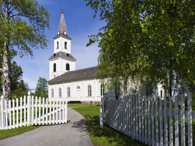 Sweden, Vasterbotten County, Sorsele, Open gate of rustic church