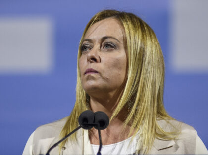 ROME, ITALY - SEPTEMBER 22: Giorgia Meloni “Fratelli d'Italia" political party leader delivers her speech during the political meeting organized by the right-wing political alliance (Forza Italia, Lega and Fratelli d'Italia) as part of the electoral closure for the Italian general election, on September 22, 2022 in Rome, Italy. Italians …