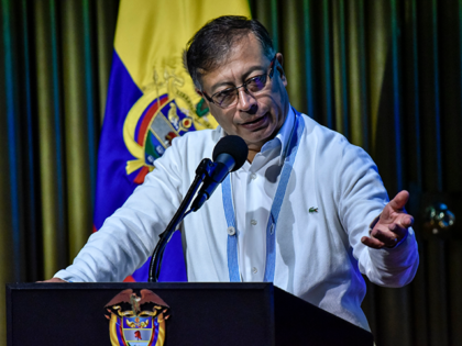 Colombian President Gustavo Petro speaks during the installation of the Commission for Follow-up, Promotion and Verification of the Implementation of the Final Peace Agreement as part of the International Day of Non-Violence on October 02, 2022 in the Memory, Peace and Reconciliation Center in Bogota, Colombia. (Photo by Guillermo Legaria …