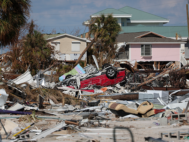 Destruction left behind in the wake of Hurricane Ian is shown October 04, 2022 in Fort Mye