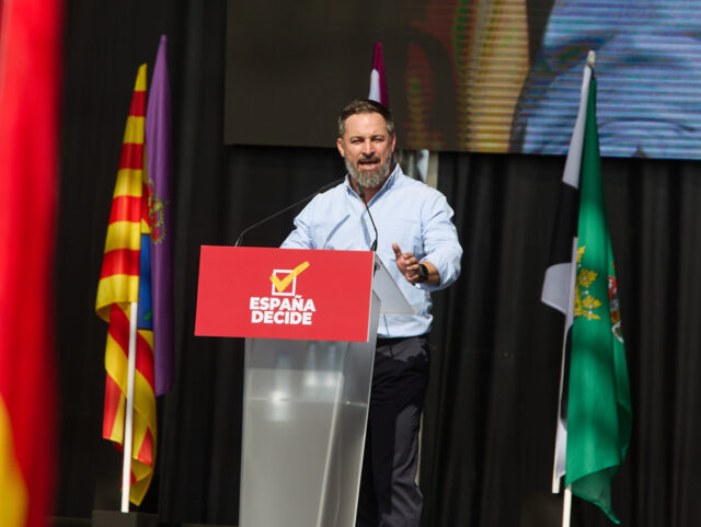 MADRID, SPAIN - OCTOBER 09: The national leader of Vox, Santiago Abascal, speaks during th