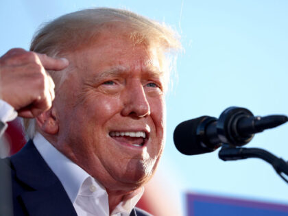 MESA, ARIZONA - OCTOBER 09: Former U.S. President Donald Trump speaks during a campaign rally at Legacy Sports USA on October 09, 2022 in Mesa, Arizona. Trump was stumping for Arizona GOP candidates, including gubernatorial nominee Kari Lake, ahead of the midterm election on November 8. (Photo by Mario Tama/Getty …
