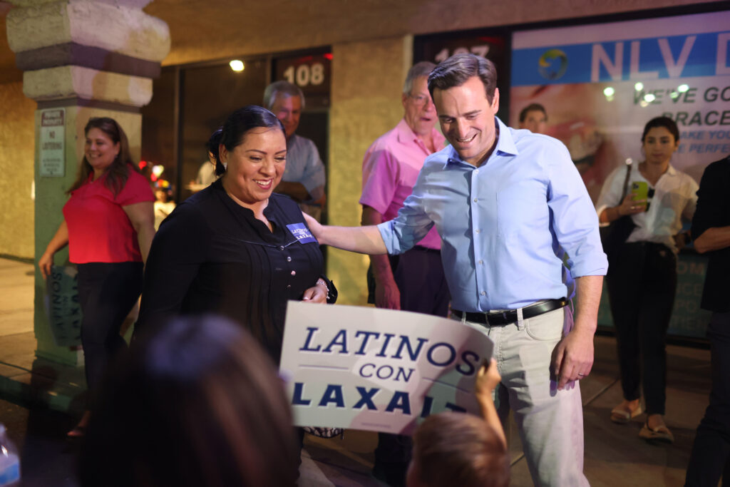 LAS VEGAS, NEVADA - OCTOBER 13: Nevada Republican U.S. Senate candidate Adam Laxalt (R) greets supporters during a Hispanic Heritage Month Fiesta at the RNC Hispanic Community Center on October 13, 2022 in Las Vegas, Nevada. Republican senate candidate Adam Laxalt continues to campaign across Nevada ahead of the midterm election on November 8th. Laxalt is in a tight race with incumbent U.S. Sen. Catherine Marie Cortez (D-NV). (Photo by Justin Sullivan/Getty Images)