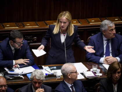 ROME, ITALY - OCTOBER 25: Italian Prime Minister Giorgia Meloni delivers her speech during the debate ahead of the confidence vote on the new Italian government in the Chamber of Deputies at Montecitorio Palace, on October 25, 2022 in Rome, Italy. Italians voted in far-right politician Giorgia Meloni as Italy's …