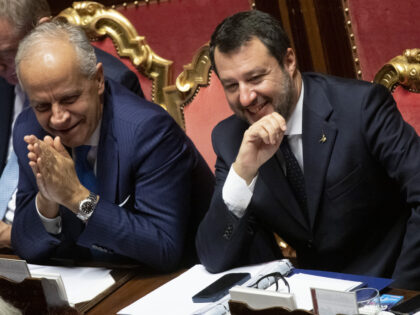 ROME, ITALY - OCTOBER 26: Interior Minister Matteo Piantedosi and Minister of Sustainable Infrastructure and Mobility Matteo Salvini attend a confidence vote at the Italian Senate on October 26, 2022 in Rome, Italy. Italians voted in far-right politician Giorgia Meloni as Italy's first woman Prime Minister. The 2022 Italian general …