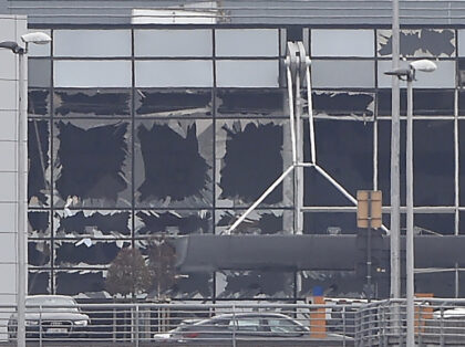A picture taken on March 22, 2016 in Zaventem, shows the damaged facade of Brussels airpor