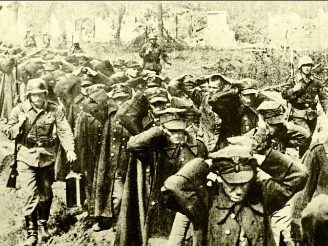 The battle for Westerplatte. Armed German soldiers are shown marching the remaining Polish