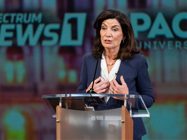 Incumbent Democratic Gov. Kathy Hochul participates in a debate against Republican challenger U.S. Rep. Lee Zeldin hosted by Spectrum News NY1 and WNYC, Tuesday, Oct. 25, 2022, at Pace University in New York. (AP Photo/Mary Altaffer, Pool)