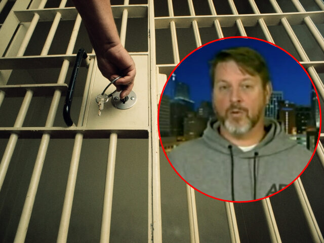 Jail cell being locked/unlocked / Inset: Gregory Hahn on Tucker Carlson Tonight (Charles O'Rear/Getty Images // inset: Tucker Carlson Tonight screenshot)