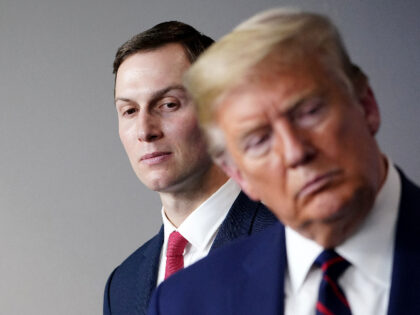 US President Donald Trump speaks, flanked by Senior Advisor to the President Jared Kushner (L), during the daily briefing on the novel coronavirus, COVID-19, in the Brady Briefing Room at the White House on April 2, 2020, in Washington, DC. (Photo by MANDEL NGAN / AFP) (Photo by MANDEL NGAN/AFP …