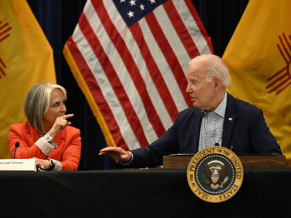 US President Joe Biden joins New Mexico Governor Michelle Lujan Grisham at the State Emergency Operations Center, Santa Fe, on June 11, 2022, to discuss the state's wildfires. - The fire has been contained on several fronts, but continues to burn, and conditions are hot and dry. It has destroyed …