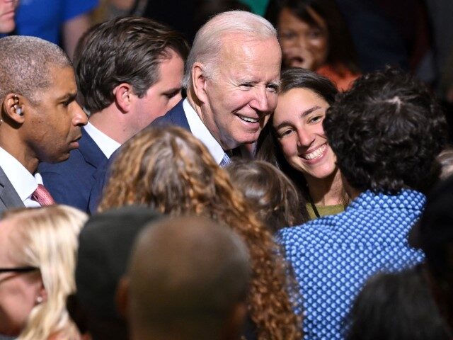 President Joe Biden greets attendees after speaking about lowering costs for American families at the East Portland Community Center in Portland, Oregon, on October 15, 2022. (SAUL LOEB/AFP via Getty Images)
