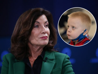 Kathy Hochul with inset of child with his mask pulled down.