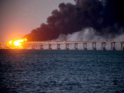CRIMEA - OCTOBER 08: Explosion causes fire at the Kerch bridge in the Kerch Strait, Crimea on October 08, 2022. A fire broke out early Saturday morning on the Kerch Bridge -- preceded by an explosion -- causing suspension of traffic and bringing bus and train services to a halt. …