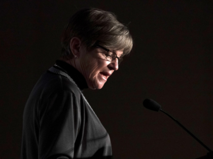 Laura Kelly, governor of Kansas, speaks during a news conference in Manhattan, Kansas, U.S., on Monday, April 18, 2022. Heat Biologics Inc. (Heat) announced a planned development partnership of its Scorpion Biological Services subsidiary of a new biodefense-focused large molecule and biologics biomanufacturing facility in Manhattan, Kansas. The facility is …