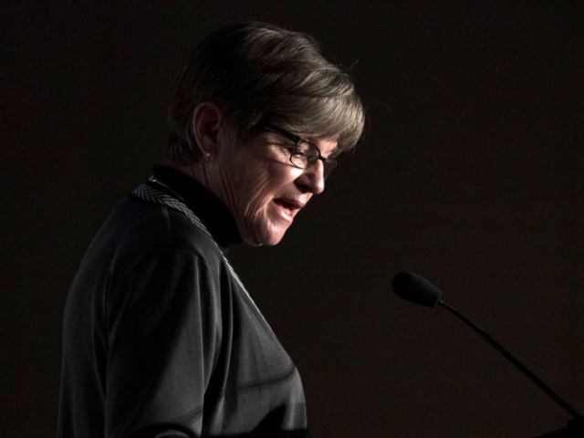 Laura Kelly, governor of Kansas, speaks during a news conference in Manhattan, Kansas, U.S