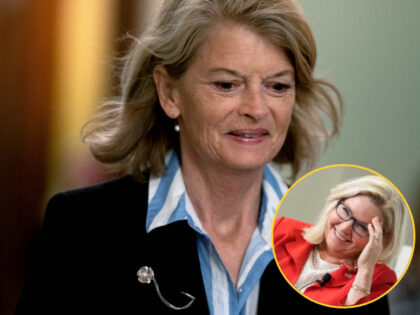Lisa Murkowski (R-AK) looking down smiling with inset of Rep. Liz Cheney looking upward smiling (STEFANI REYNOLDS/AFP via Getty Images // Inset: Drew Angerer/Getty Images)