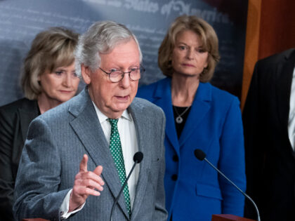 UNITED STATES - NOVEMBER 18: Senate Minority Leader Mitch McConnell, R-Ky., conducts a news conference in the U.S. Capitol on the rising cost of heating bills on Thursday, November 18, 2021. Also appearing from left are Sens. John Barrasso, R-Wyo., John Cornyn, R-Texas, Cindy Hyde-Smith, R-Miss., Lisa Murkowski, R-Alaska, and …