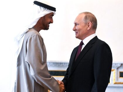 Russian President Vladimir Putin (R) meets with President of the United Arab Emirates (UAE) Mohamed bin Zayed Al Nahyan (L) in St. Petersburg, Russia on October 11, 2022. (Photo by Kremlin Press Office/Anadolu Agency via Getty Images)