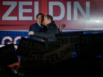 HAUPPAUGE, NY - OCTOBER 29: Florida Gov. Ron DeSantis (L) campaigns alongside New York Republican gubernatorial hopeful, Rep. Lee Zeldin (R) at a Get Out The Vote Rally on October 29, 2022 in Hauppauge, New York. Zeldin has closed the gap in recent polls to four points after the head …