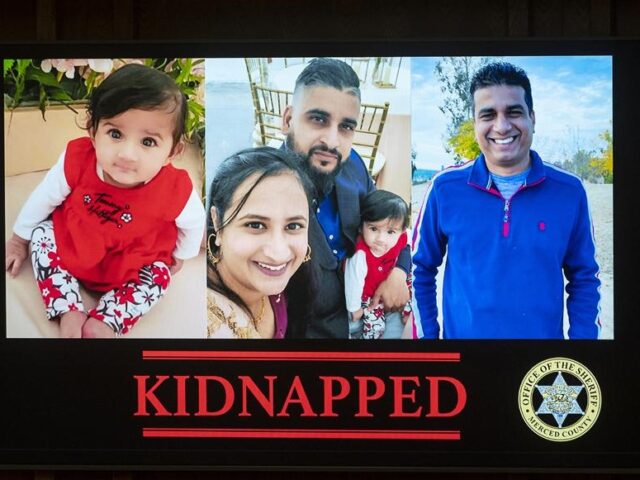 Images are displayed of 8-month-old Aroohi Dheri, left, with her mother Jasleen Kaur, her father Jasdeep Singh, and her uncle Amandeep Singh, at a news conference in Merced, Calif., on Wednesday, Oct. 5, 2022. Sheriff Vern Warnke, of Merced County, announced Wednesday that the family members, who were kidnapped at …