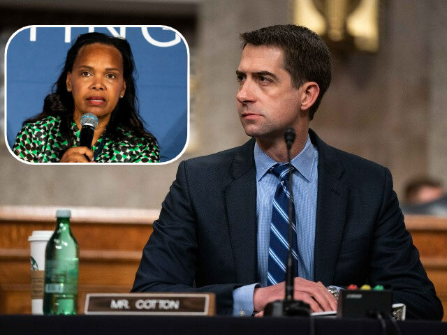 Tom Cotton; inset Priscilla Sims Brown, chief executive officer of Amalgamated Bank