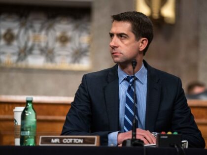 WASHINGTON, DC - MARCH 25: Sen. Tom Cotton (R-AR) listens during a Senate Armed Services Committee hearing March 25, 2021 on Capitol Hill in Washington DC. The committee is hearing testimony regarding the defense authorization request for fiscal year 2022. (Anna Moneymaker-Pool/Getty Images)