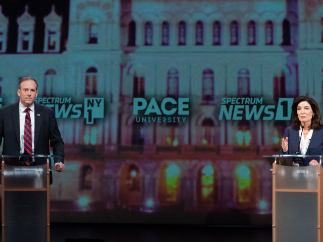 Republican candidate for New York Governor Lee Zeldin, left, participates in a debate agai