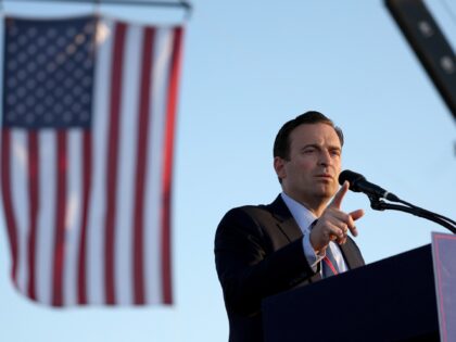 MINDEN, NEVADA - OCTOBER 08: Nevada Republican U.S. Senate candidate Adam Laxalt speaks during a campaign rally at Minden-Tahoe Airport on October 08, 2022 in Minden, Nevada. Former U.S. President Donald Trump held a campaign style rally for Nevada GOP candidates ahead of the state's midterm election on November 8th. …