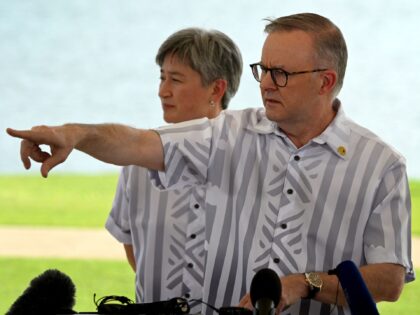 Australian Prime Minister Anthony Albanese (R) and Foreign Minister Penny Wong (L) speak during a press conference at the Pacific Islands Forum (PIF) in Suva on July 13, 2022. (Photo by William WEST / AFP) (Photo by WILLIAM WEST/AFP via Getty Images)