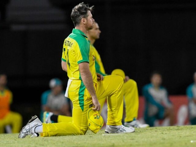 Daniel Christian of Australia kneel for Black Lives Matter during the 2nd T20I between Aus