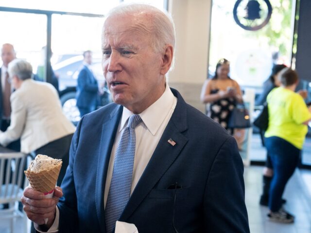 US President Joe Biden speaks to the press as he stops for ice cream at Baskin Robbins in
