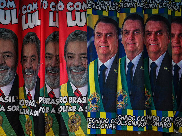 Towels with images of presidential candidates Lula da Silva and Jair Bolsonaro are display