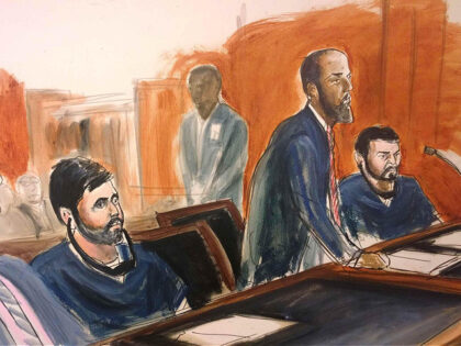 FILE - In this Dec. 17, 2015, file courtroom sketch, two nephews of Venezuela's first lady, Efrain Antonio Campo Flores, second from left, 29, and Franqui Francisco Flores De Freitas, right, 30, appear in Manhattan federal court at their arraignment on cocaine-smuggling charges, in New York as their defense attorneys …