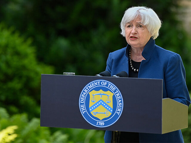 US Treasury Secretary Janet Yellen speaks to journalists on the sidelines of a meeting of