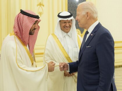 JEDDAH, SAUDI ARABIA - JULY 15: (----EDITORIAL USE ONLY â MANDATORY CREDIT - "ROYAL COURT OF SAUDI ARABIA / HANDOUT" - NO MARKETING NO ADVERTISING CAMPAIGNS - DISTRIBUTED AS A SERVICE TO CLIENTS----) US President Joe Biden (R) meets Saudi Arabian Crown Prince Mohammed bin Salman (L) at Alsalam Royal …