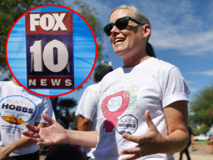 PHOENIX, ARIZONA - OCTOBER 08: Arizona Secretary of State and Democratic gubernatorial candidate Katie Hobbs is interviewed after speaking at a Women's March rally in support of midterm election candidates who support abortion rights outside the State Capitol on October 8, 2022 in Phoenix, Arizona. Hobbs faces Trump-endorsed Arizona Republican …