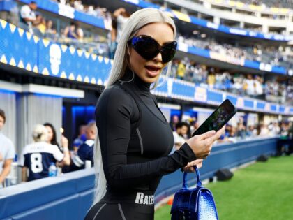NGLEWOOD, CALIFORNIA - OCTOBER 09: Kim Kardashian attends the game between the Dallas Cowboys and the Los Angeles Rams at SoFi Stadium on October 09, 2022 in Inglewood, California. (Photo by Ronald Martinez/Getty Images)
