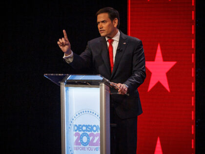 U.S. Sen. Marco Rubio, R-Fla., participates in a debate with challenger U.S. Rep. Val Demings, D-Fla., at Duncan Theater on the campus of Palm Beach State College in Palm Beach County, Fla., on Tuesday, Oct. 18, 2022. (Thomas Cordy/The Palm Beach Post via AP, Pool)
