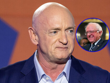 Sen. Mark Kelly with an inset of Sen. Bernie Sanders (Courtney Pedroza/Getty Images/ Inset: Chip Somodevilla/Getty Images)