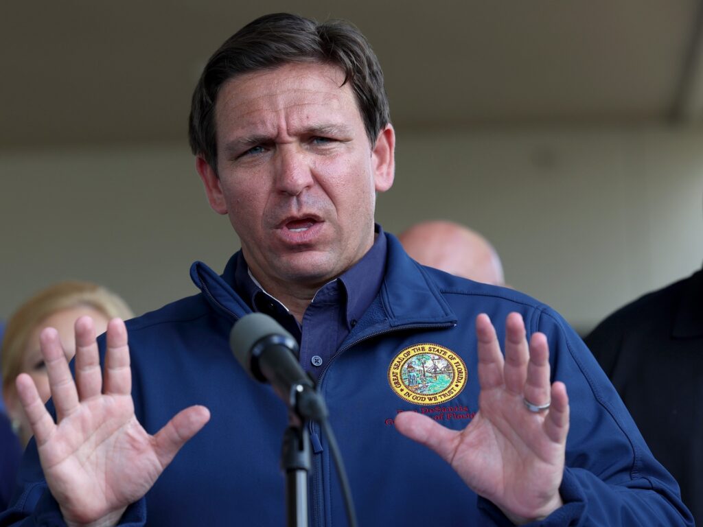 CAPE CORAL, FLORIDA - OCTOBER 04: Florida Governor Ron DeSantis speaks during a press conference to update information about the on ongoing efforts to help people after hurricane Ian passed through the area on October 4, 2022 in Cape Coral, Florida. The hurricane brought high winds, storm surge and rain to the area causing severe damage. (Photo by Joe Raedle/Getty Images)