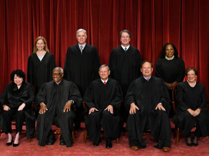 Justices of the US Supreme Court pose for their official photo at the Supreme Court in Washington, DC on October 7, 2022. - (Seated from left) Associate Justice Sonia Sotomayor, Associate Justice Clarence Thomas, Chief Justice John Roberts, Associate Justice Samuel Alito and Associate Justice Elena Kagan, (Standing behind from …